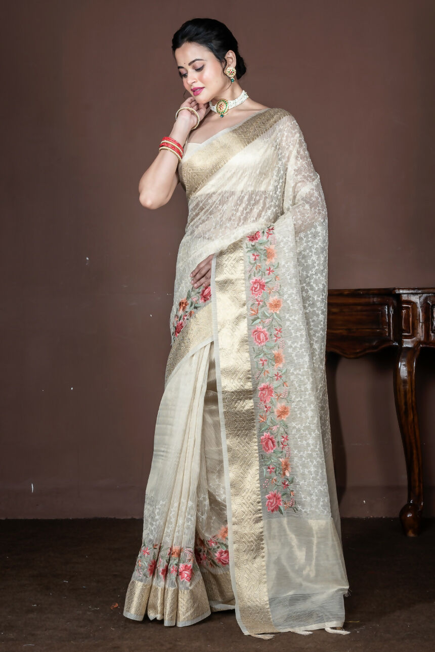 Morchari Beige Banarasi Tissue Computer Embroidery Saree Unstitched Blouse - Distacart