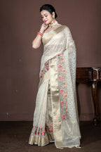 Morchari Beige Banarasi Tissue Computer Embroidery Saree Unstitched Blouse - Distacart