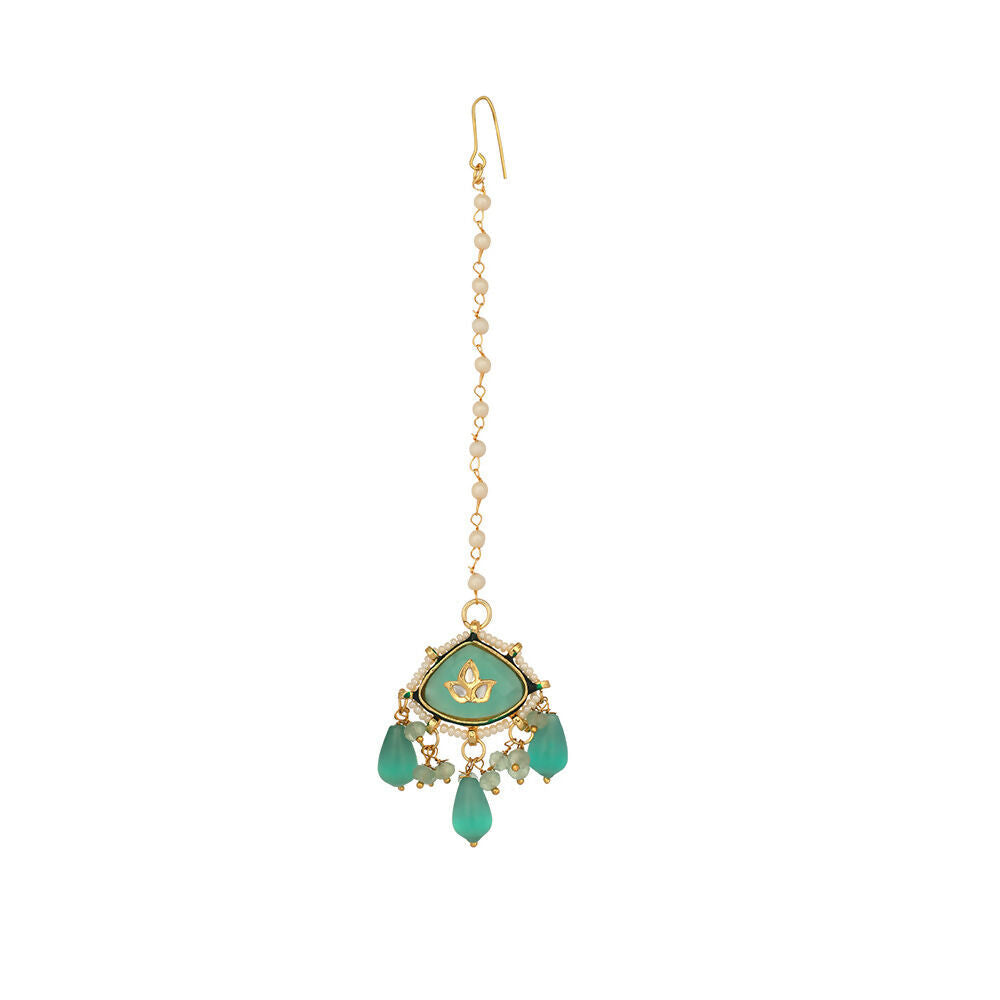 Nuyug 22K Gold Plated Lush Green Maang Tikka & Earrings Set - Distacart