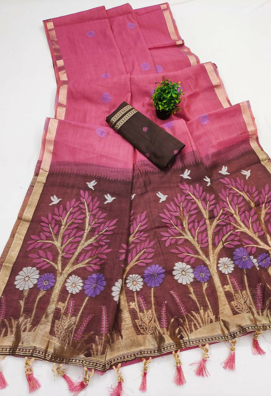 Vastranavya Pink Muga Cotton Meenakari & Azarakh Pallu Saree with Contrast Blouse - Distacart