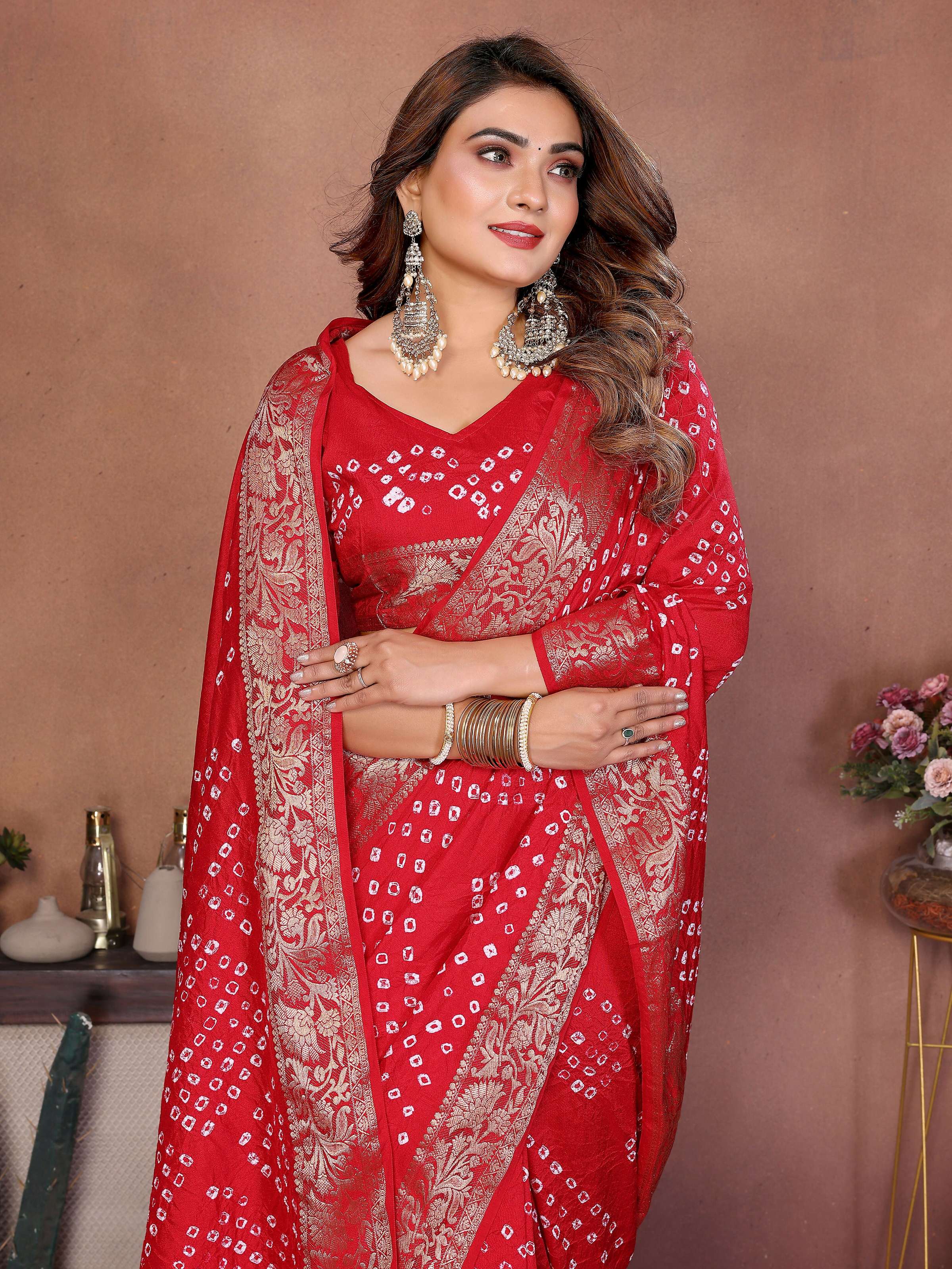Aastha Fashion Red Pure Dola Silk Handmade Original Bandhej Saree - Distacart
