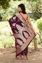 Joban Fashion Wine Banarasi Soft Pure Handloom Banarasi Silk Saree