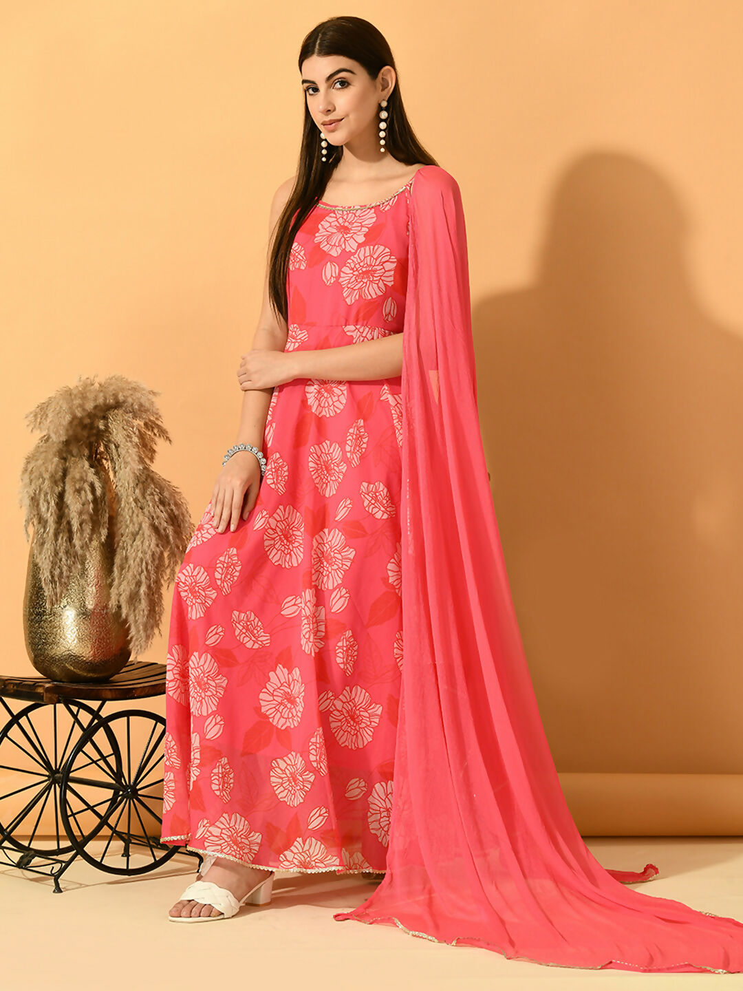 Myshka Women's Pink Festive Flared Anarkali Kurta With Dupatta sets
