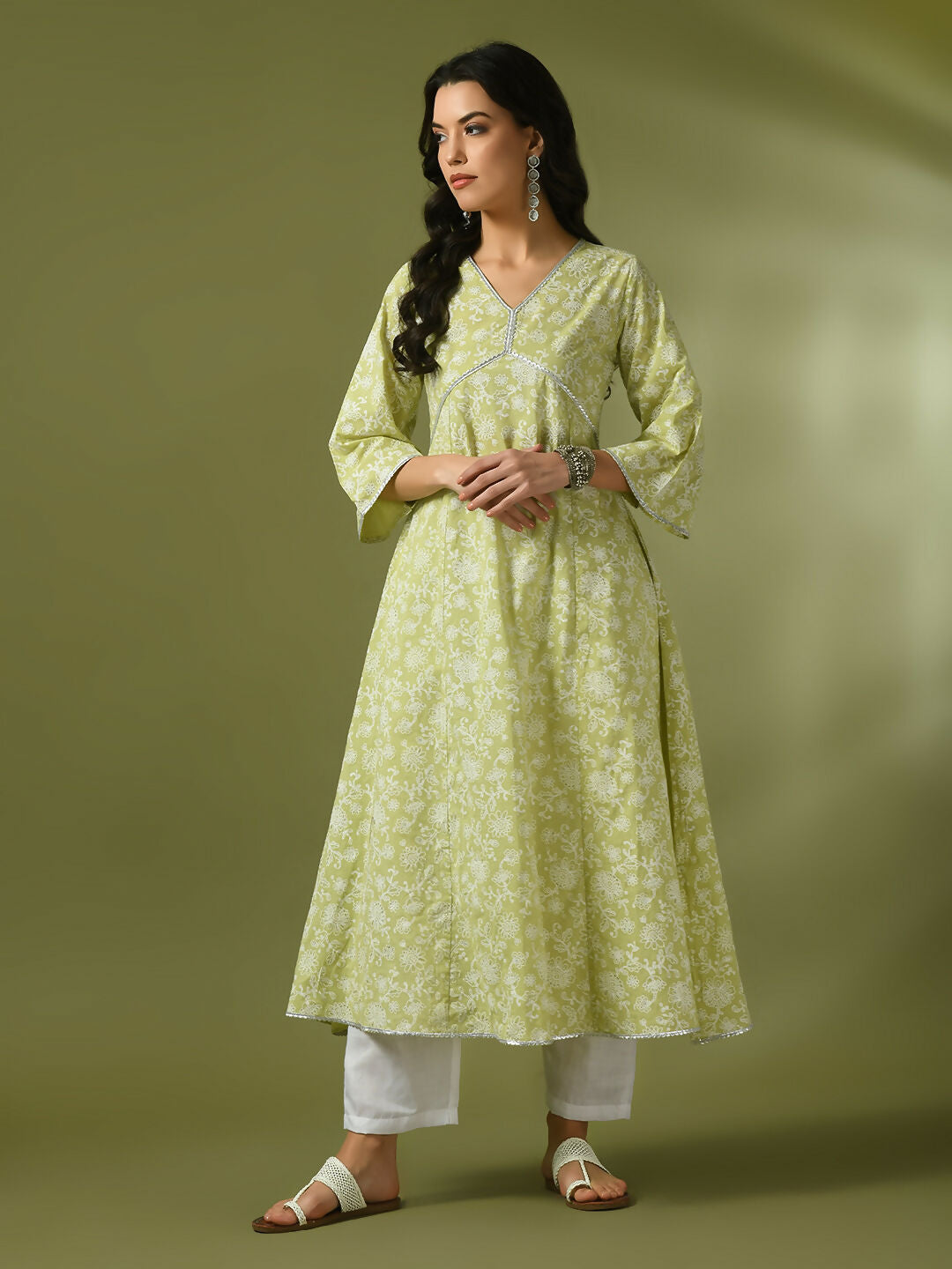 Myshka Women'sLime Green Printed Cotton Anarkali Party Kurta Set