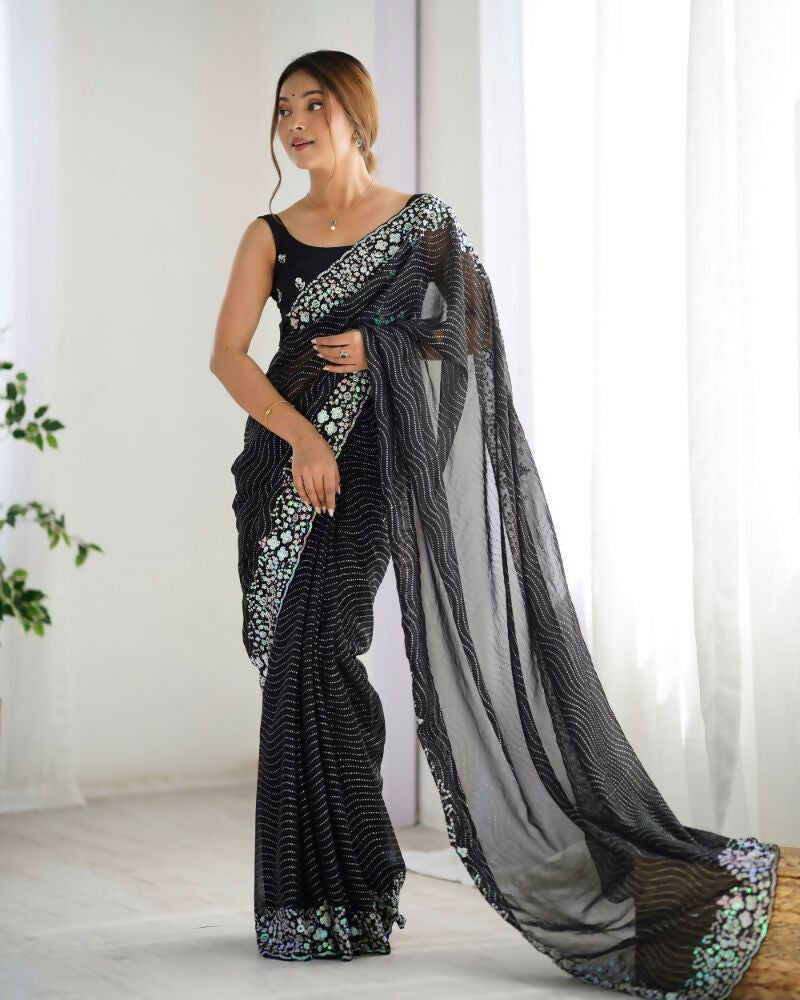 Georgette Designer Sequance Embroidery Work Party Wear Saree - Black
