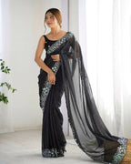 Georgette Designer Sequance Embroidery Work Party Wear Saree - Black