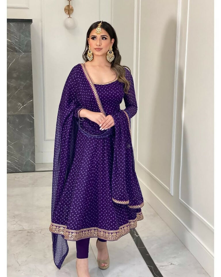 Teeya Creation Purple Color Bandhani Print With Embroidery Work Functional Wear Gown - Distacart