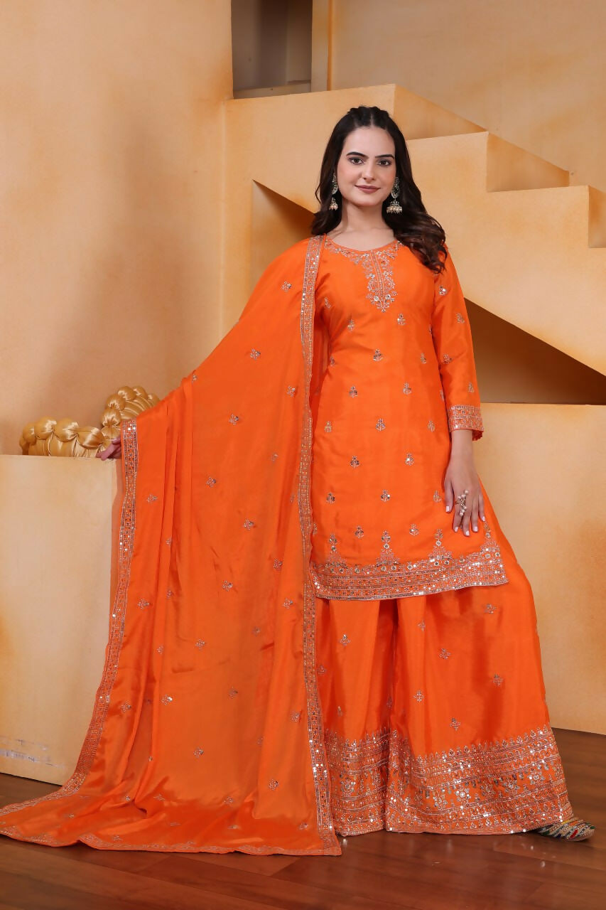 Joban Fashion Orange Silk Embroidered Sharara Set - Distacart