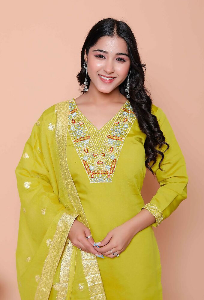 Miravan Womens Muslin Yellow Kurta And Palazzo With Dupatta Set - Distacart