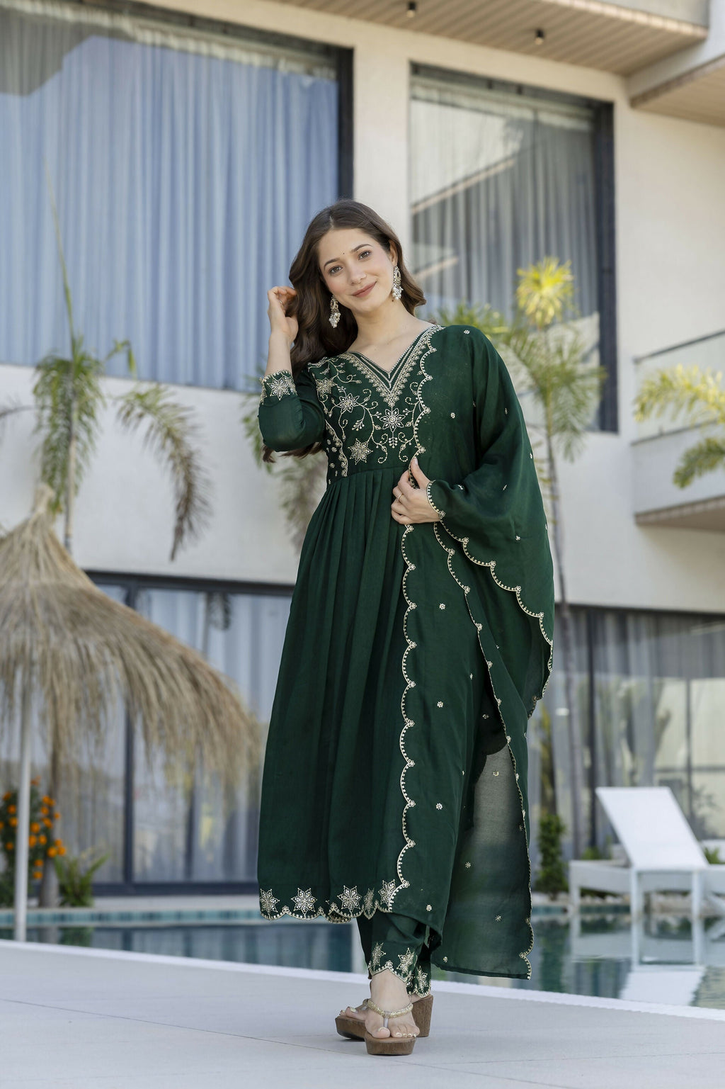 The52 Women's Beautiful Embroidery Work Vichitra Silk Fabric Flared Anarkali Pant and Dupatta Set - Distacart