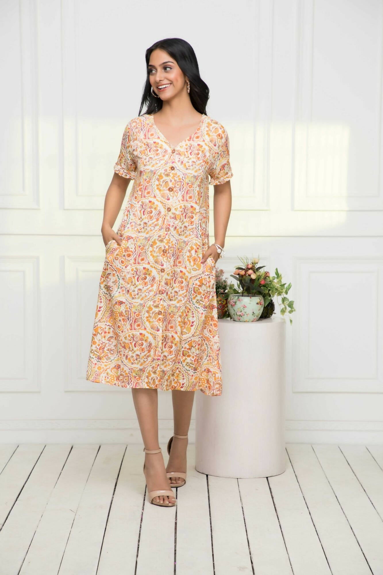 Myshka Women Multi-Abstract Rayon A-Line V-Neck Dress - Distacart