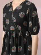 Myshka Women's Black Printed Cotton V-Neck Empire Party Dress - Distacart