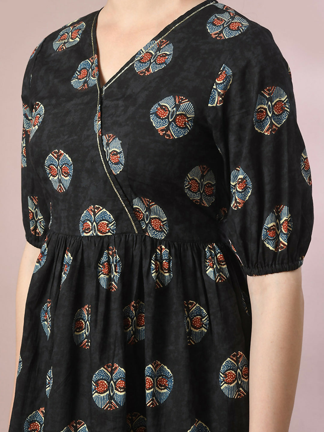 Myshka Women's Black Printed Cotton V-Neck Empire Party Dress - Distacart