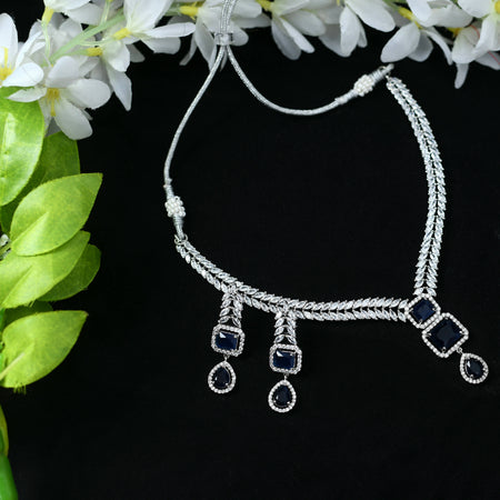 Mominos Fashion Johar Kamal Silver-Plated American Diamond Navy Blue Choker Set