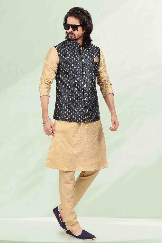 Raivat Ethnic Jacquard Banarasi Silk Woven Work 3 Pics Jacket Set In Blue Colour - Distacart