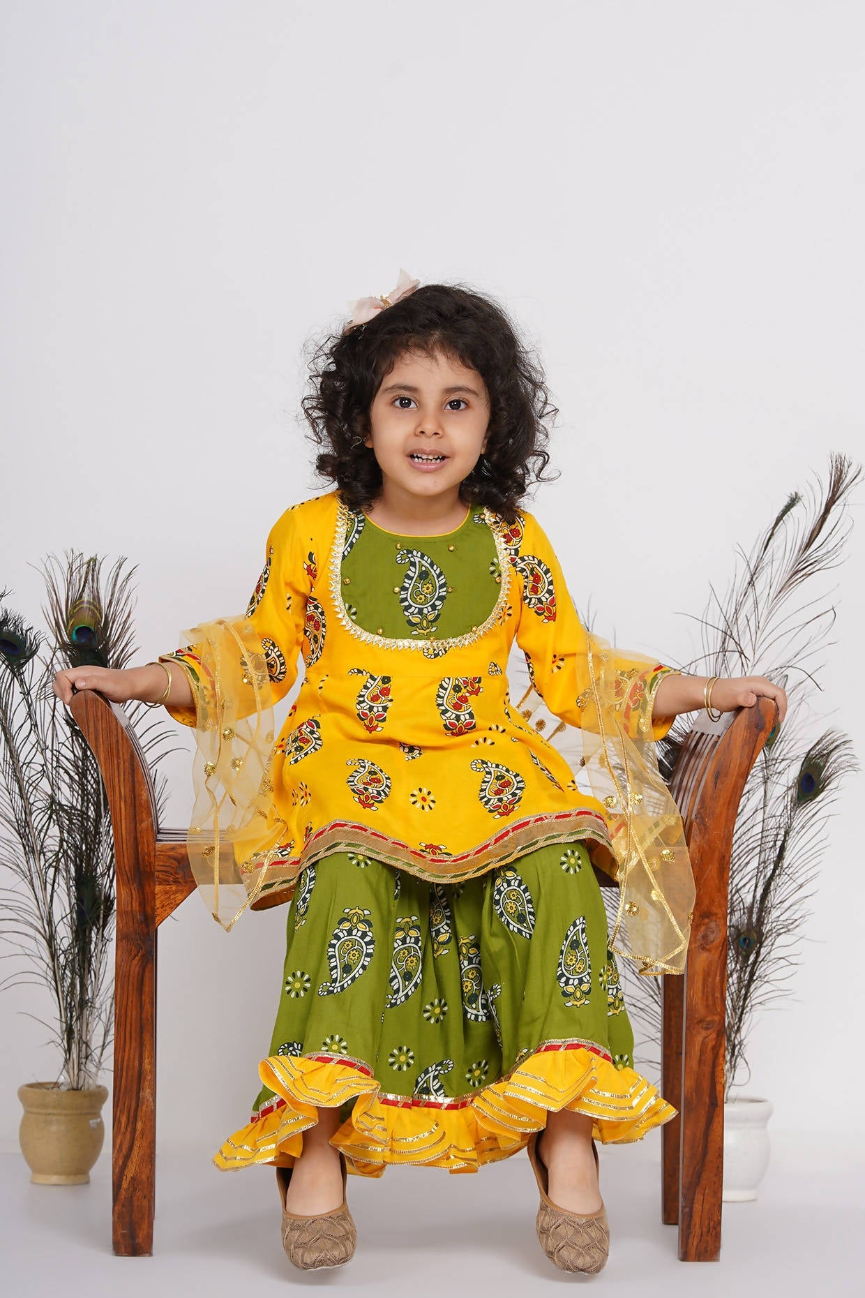 Little Bansi Girls Cotton Floral Kurta with Frill Sharara & Dupatta - Yellow & Green