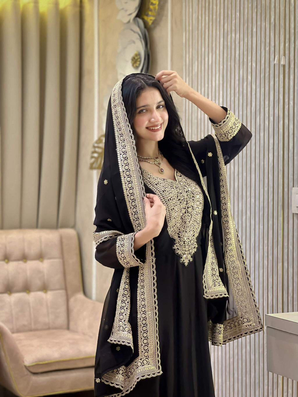Teeya Creation Black Color Faux Georgette Embroidery Work Long Party Wear Gown