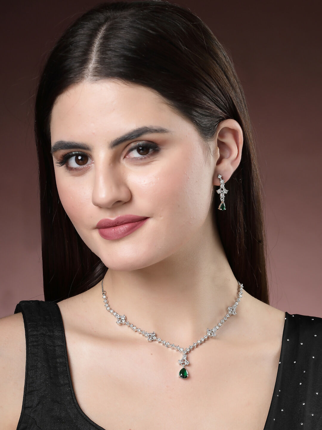 NVR Women's Silver-Plated Green American Diamond Studded Jewellery Set