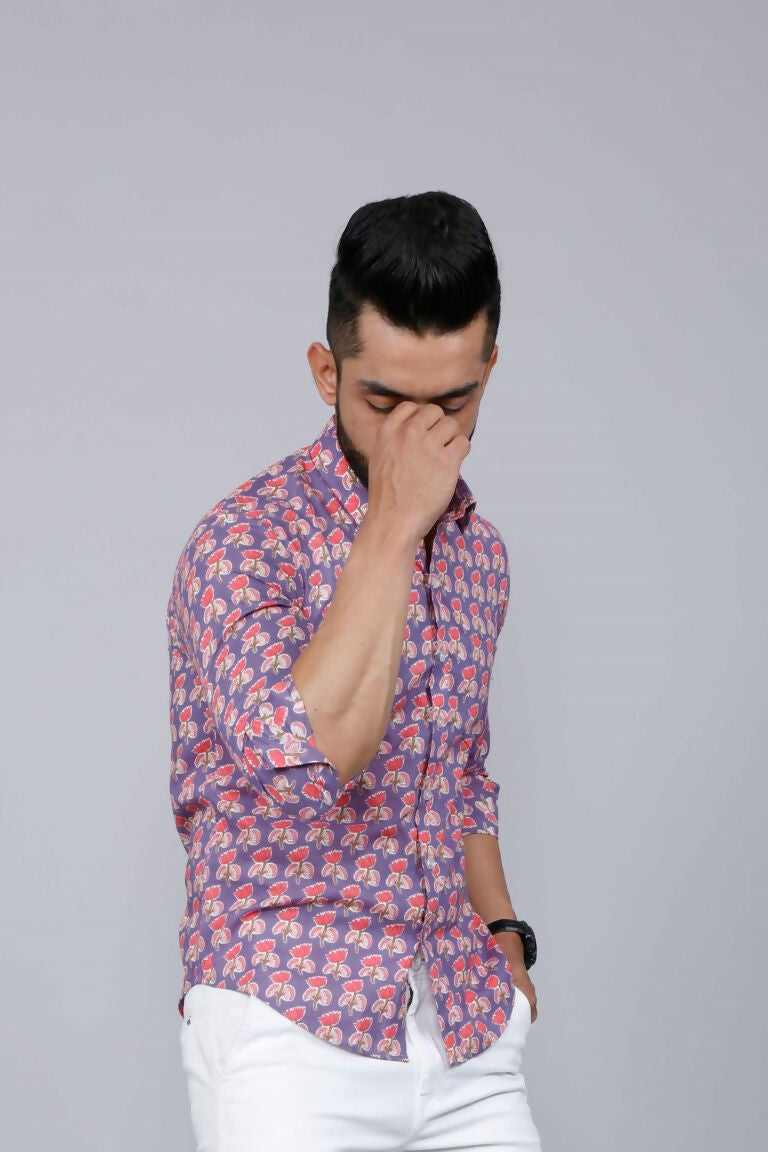 Miravan Men's Purple Floral Design Stylish Casual Cotton Shirt
