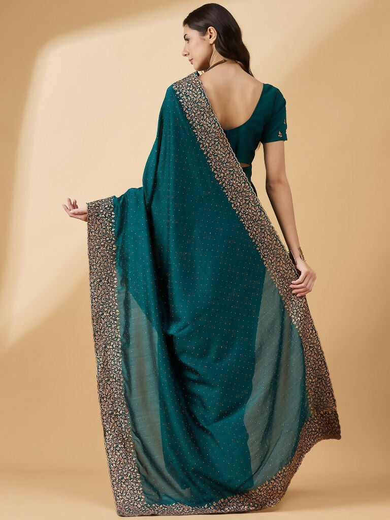 Teal Silk Blend Embroidered Saree with Unstitched Blouse - Vairagi