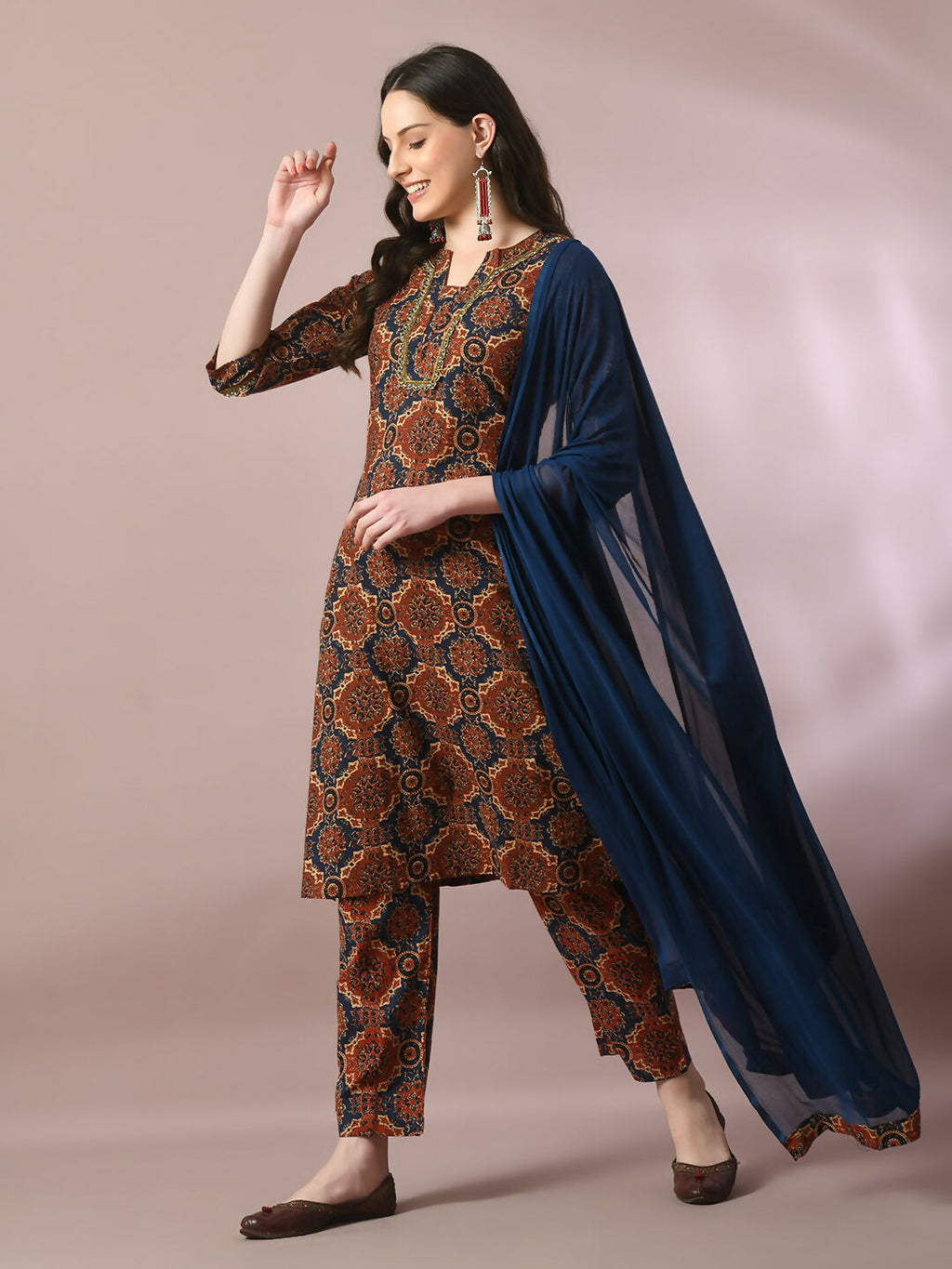 Myshka Women's Multi Printed Cotton Straight Party Kurta Set With Dupatta