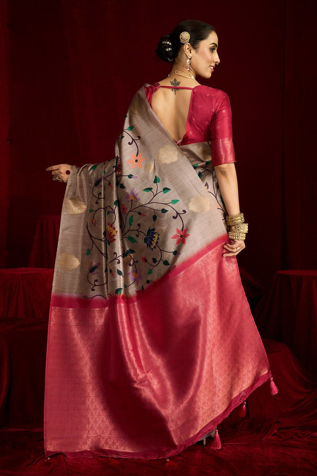 Joban Fashion Multi Color Soft Silk Weaving Fabric With Digital Jamdani Print With Jacquard Rich Pallu & Blouse With Spring Tassels - Distacart