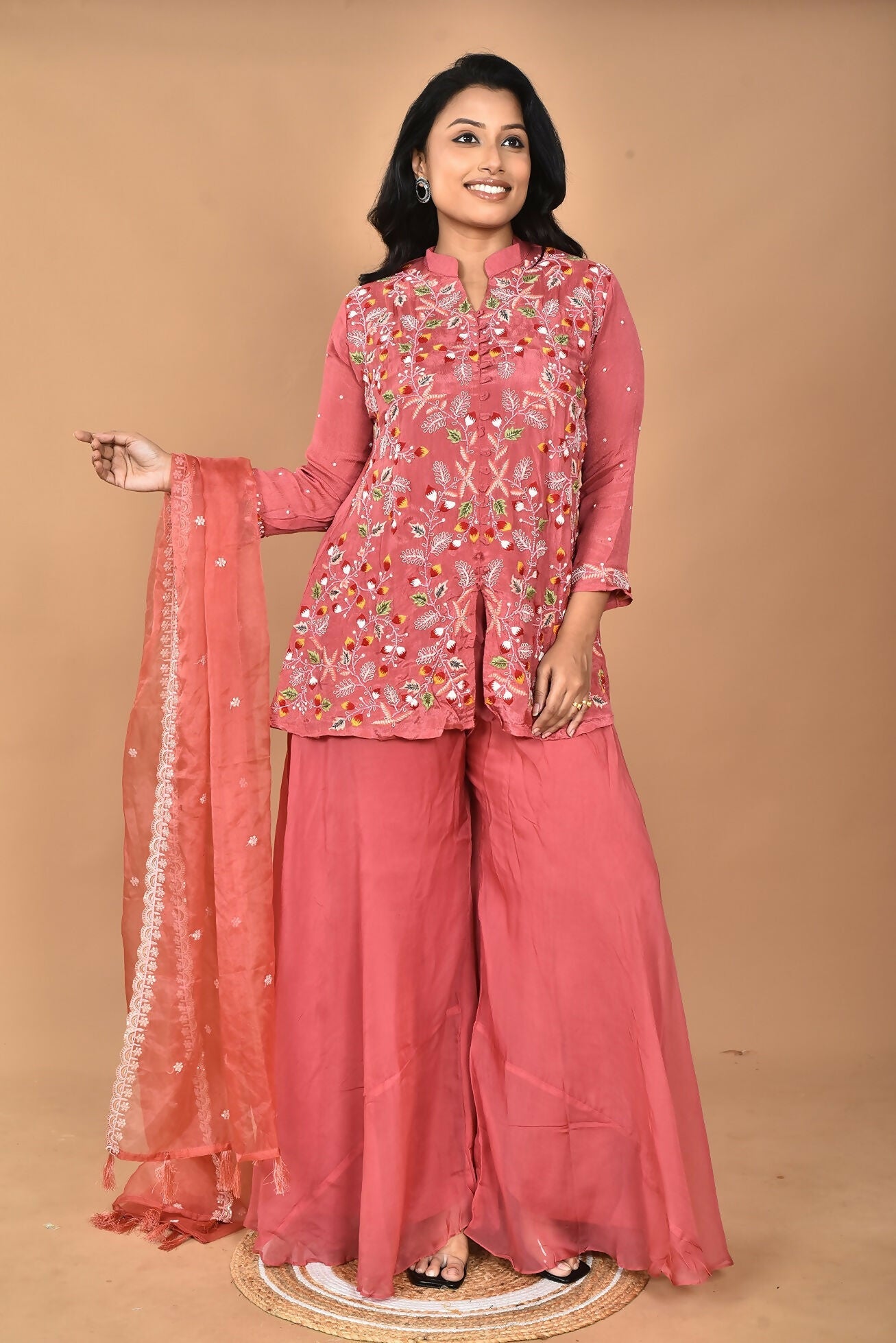Morchari Women And Hand Embroidery Palazzo Set-Rust