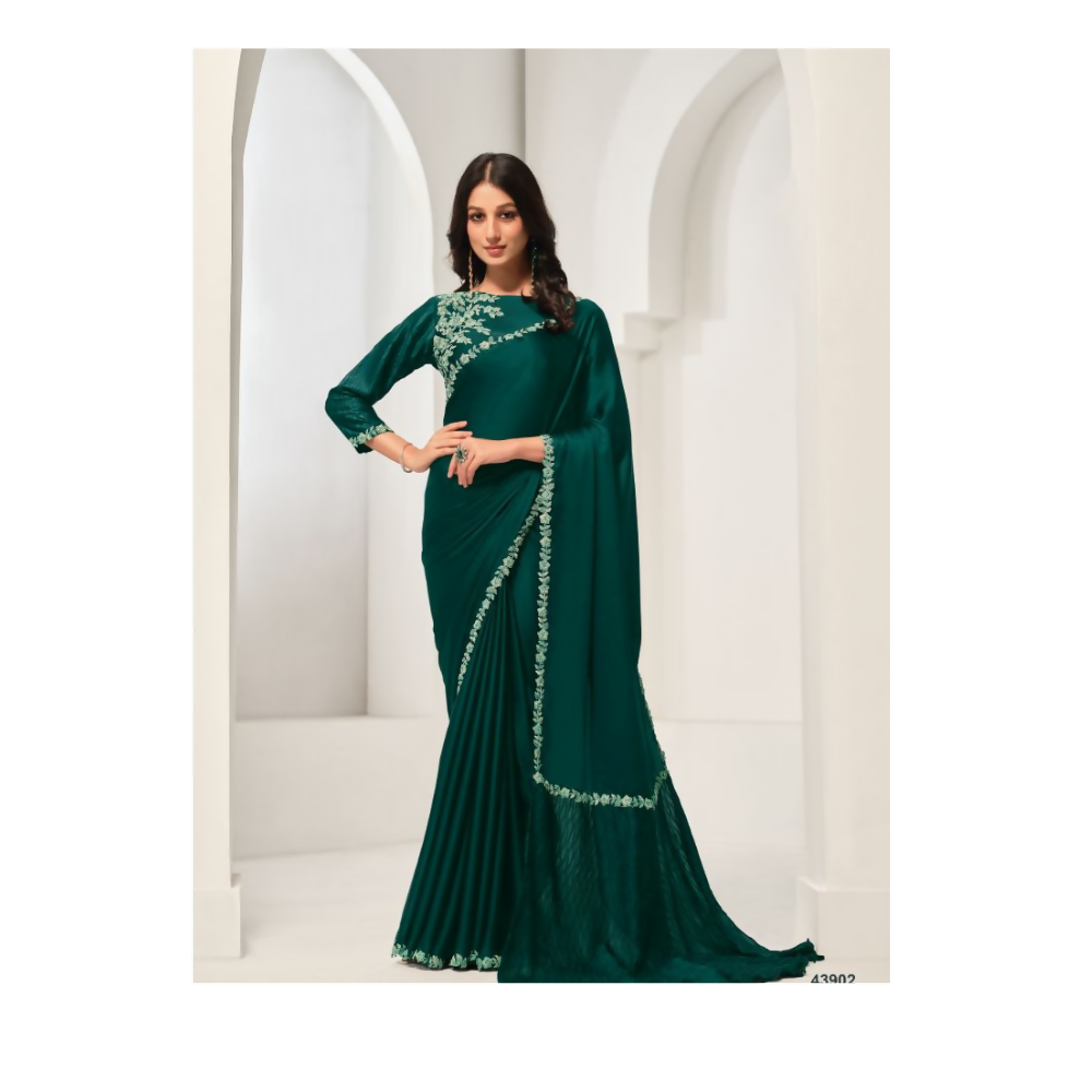Green Crepe Satin Silk Handwork Saree with Unstitched Blouse - Norita Saanjh
