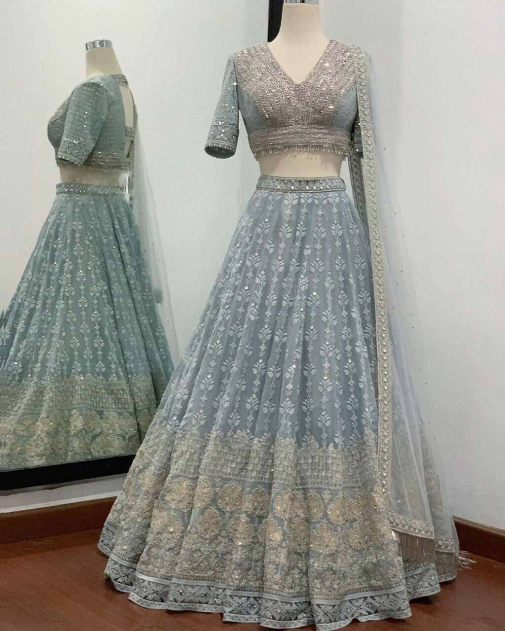 Jyoti Fashion Mesmerizing Grey Faux Georgette 3MM Sequins with Thread & Jari Embroidery Lehenga Choli with Dupatta