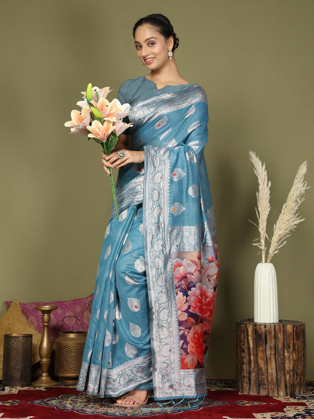 Shree Shyam Fashion Linen Cotton Sky Blue Saree - Distacart