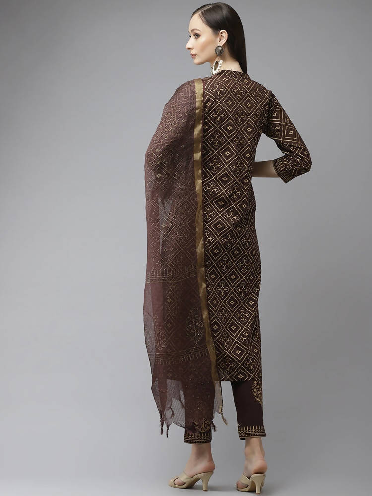 Yufta Women Brown Printed Panelled Beads and Stones Pure Cotton Kurta with Trouser & With Dupatta