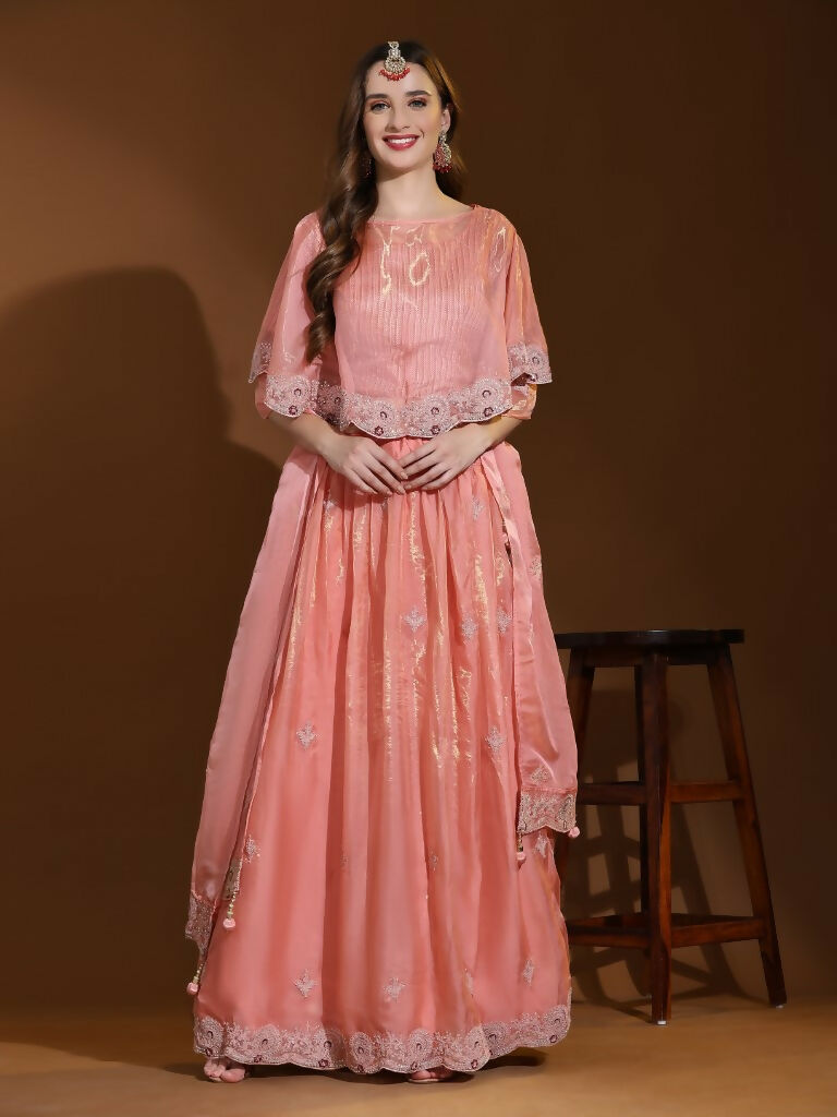 Peach Silk Embroidered Poncho Pattern Top & Lehenga with Dupatta - Tanya