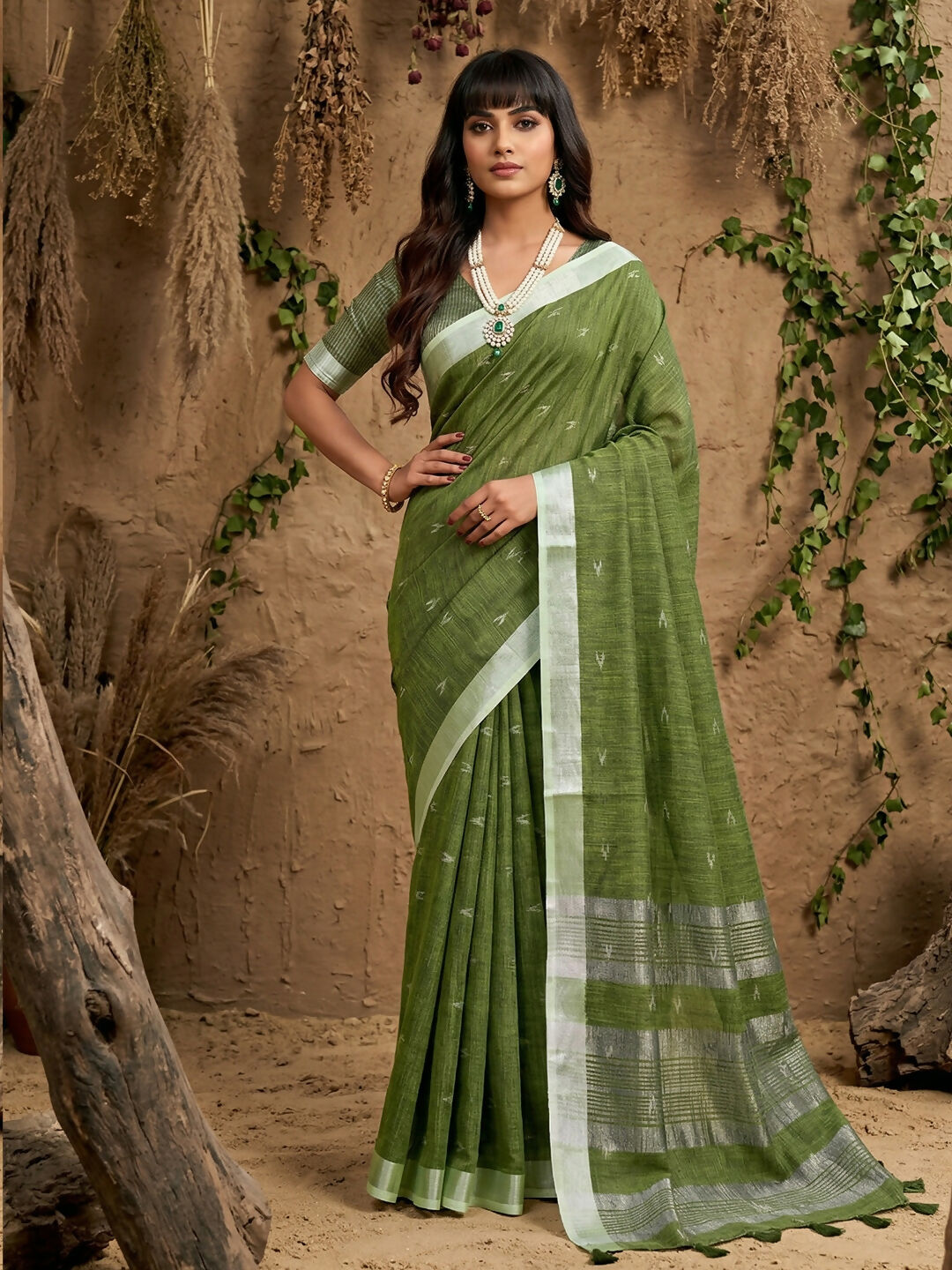 Shree Shyam Fashion Green Linen Cotton Saree - Distacart