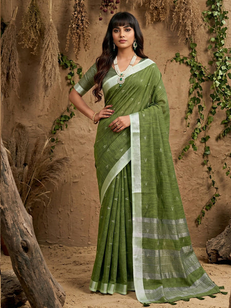 Shree Shyam Fashion Green Linen Cotton Saree