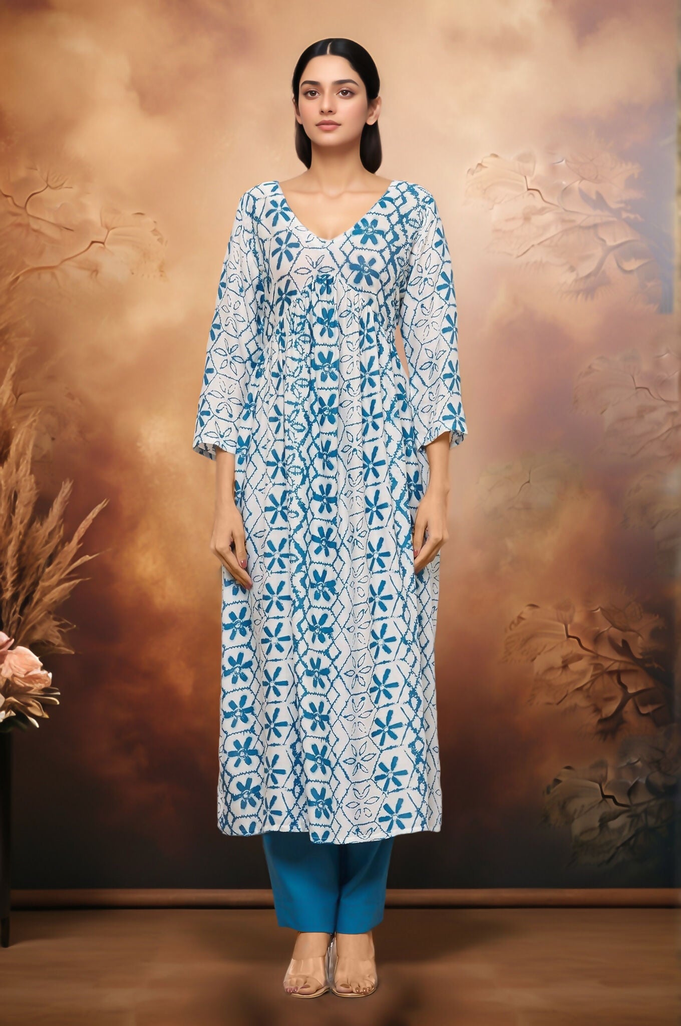 Joban Fashion White Based Blue Geometric Floral Printed Riyon Kurti With Contrast Palazzo Pant