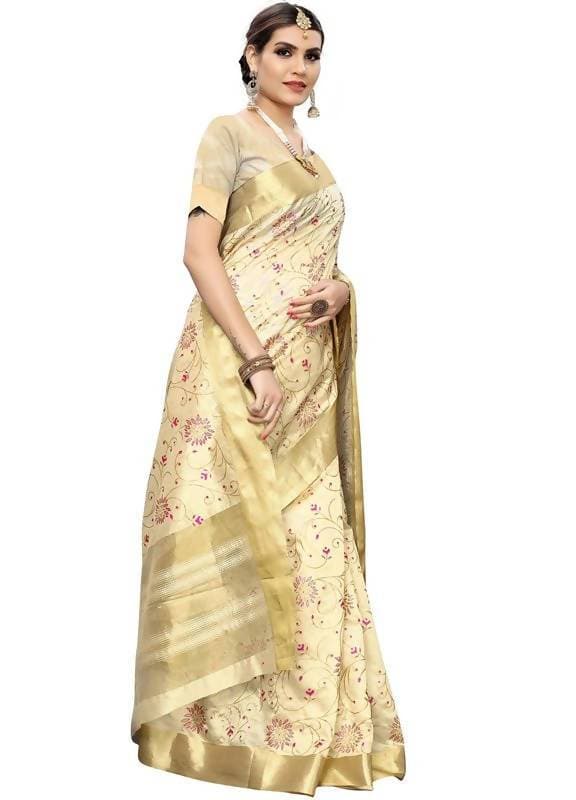 Vamika Weaving Cream Cotton Polyester Silk Saree (Kerala Floral)