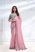 Pink Crepe satin silk Cord & Sequence Embroidered with Stone work Saree - Mohmanthan Majestica - Distacart
