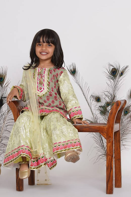 Little Bansi Girls Banarsi Cotton Turkish Lacework Kurta with Foil Sharara & Dupatta - Green