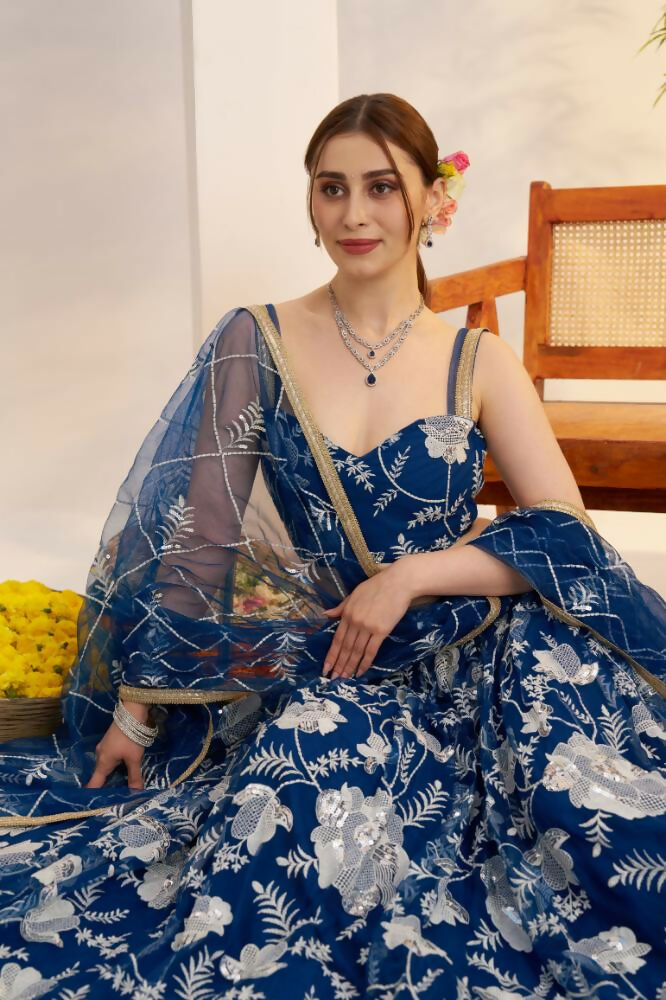 Aastha Fashion More Peach Blue Butterfly Net White Cotton Thread Work And Sequence Work Embroidery Wedding Wear Lehenga Choli