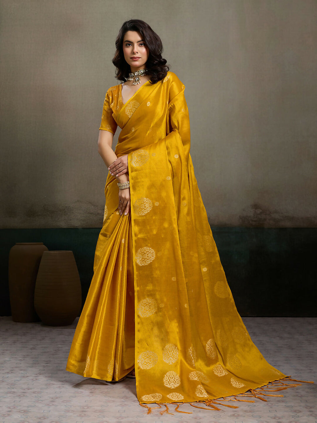 Shree Shyam Fashion Mustard Yellow Tissue Silk Saree - Distacart