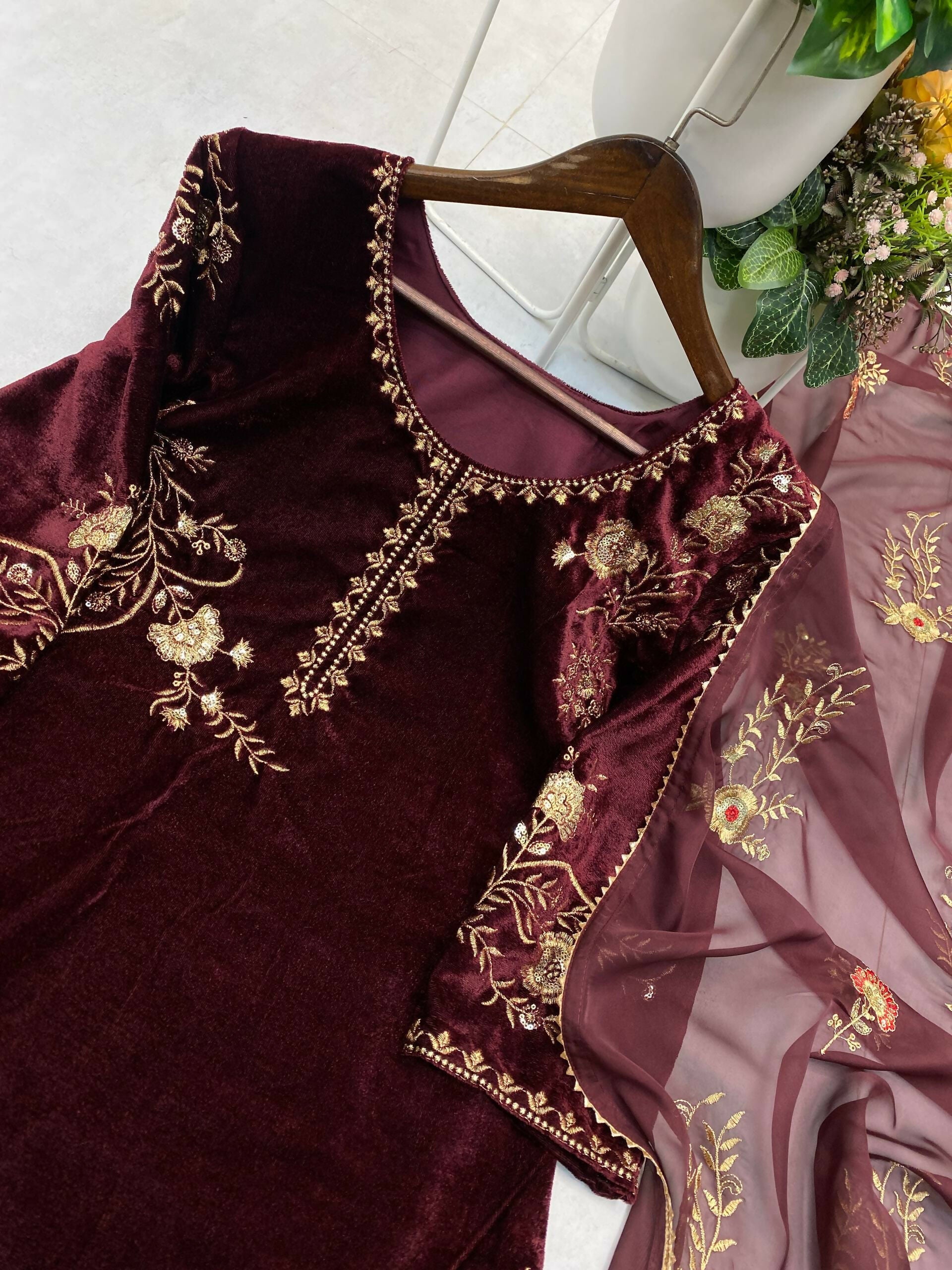 Vastranavya Wine Velvet Sequence Embroidery Work Kurta & Palazzo With Dupatta