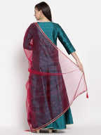 Myshka Women's Green Silk Solid 3/4 Sleeve V Neck Casual Anarkali Kurta Dupatta Set
