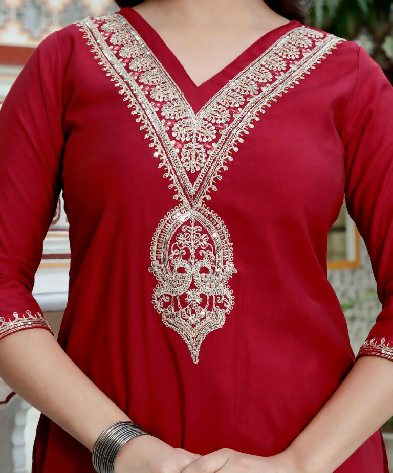 Miravan Women's Embroidered Pure Silk Red Kurta with Palazzo and Dupatta