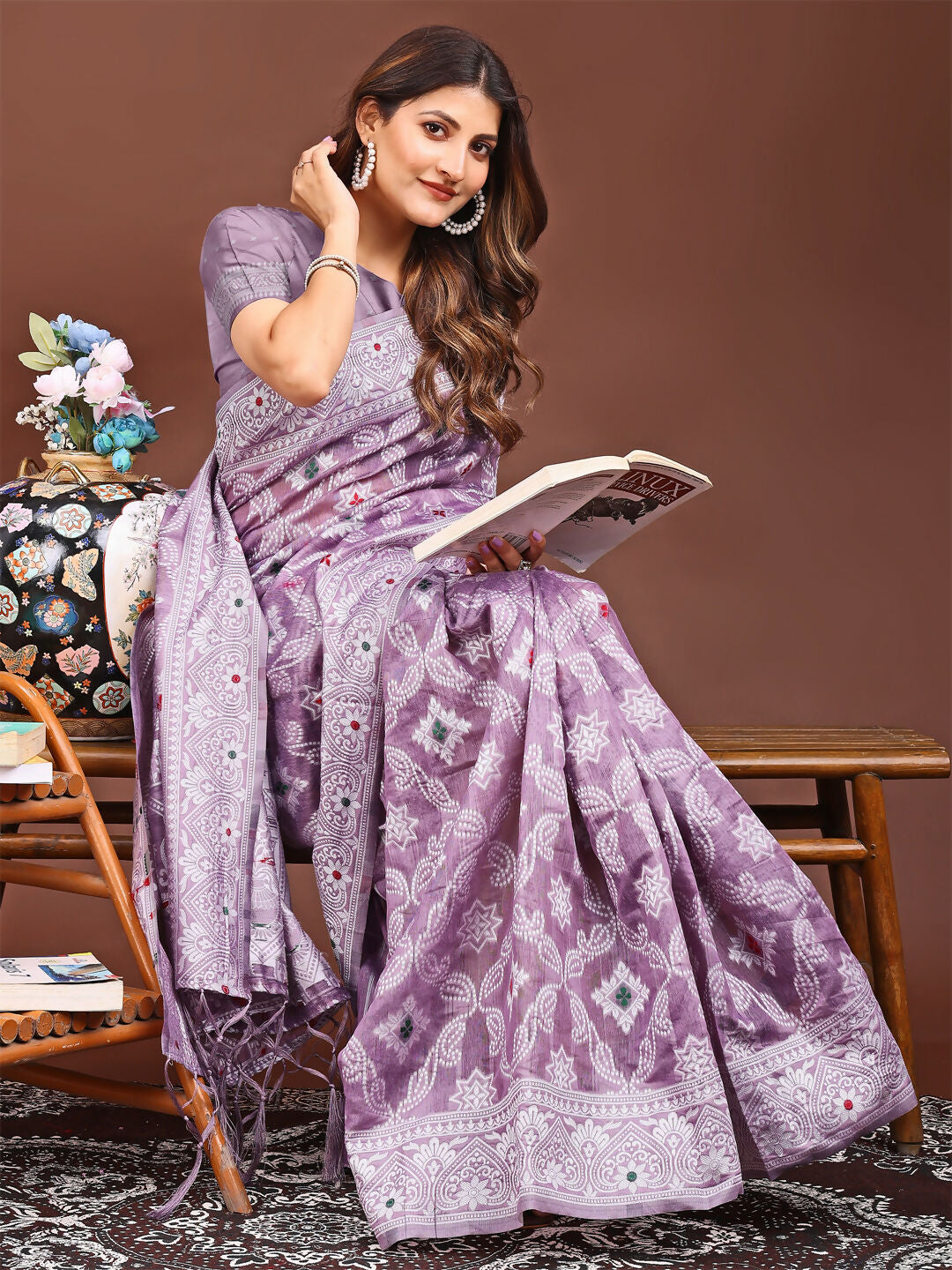 Shree Shyam Fashion Pankhuri Purple Linen Cotton Saree