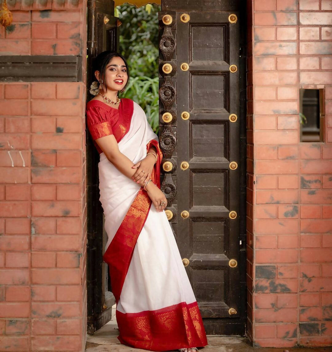 DEIANA'S Beautiful Designer Golden zari Soft Lichi Silk Saree - White