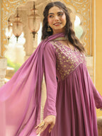 Janasya Lavender Georgette Yoke Embroidery Kurta,Bottom & Dupatta