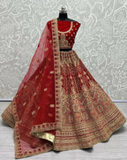 Jyoti Fashion Women's Red Velvet Multi Thread Embroidered with Zircon Diamond Wedding Lehenga Choli