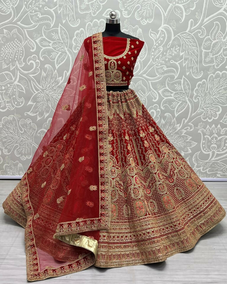 Jyoti Fashion Women's Red Velvet Multi Thread Embroidered with Zircon Diamond Wedding Lehenga Choli