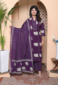 Miravan Womens Purple Cotton Animal Print Kurta With Palazzo And Dupatta - Distacart