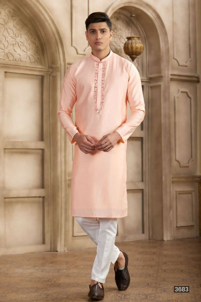 Raivat Ethnic Banarasi Art Silk Mirror Work Kurta Pajama In Pink Colour